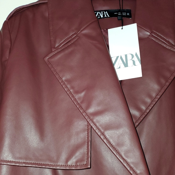 NWT ZARA Burgundy Faux Leather Trench Coat, Sz L - Picture 12 of 16